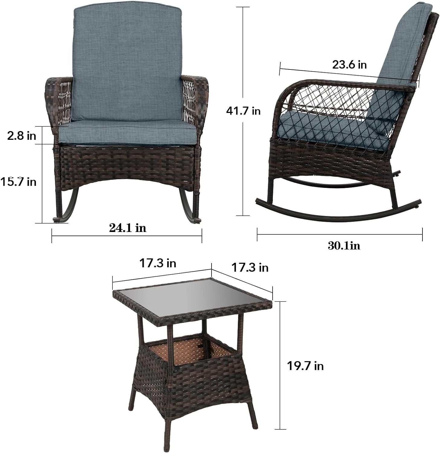 LEVELEVE Wicker Conversation Rocking Bistro Set - 3 Pieces