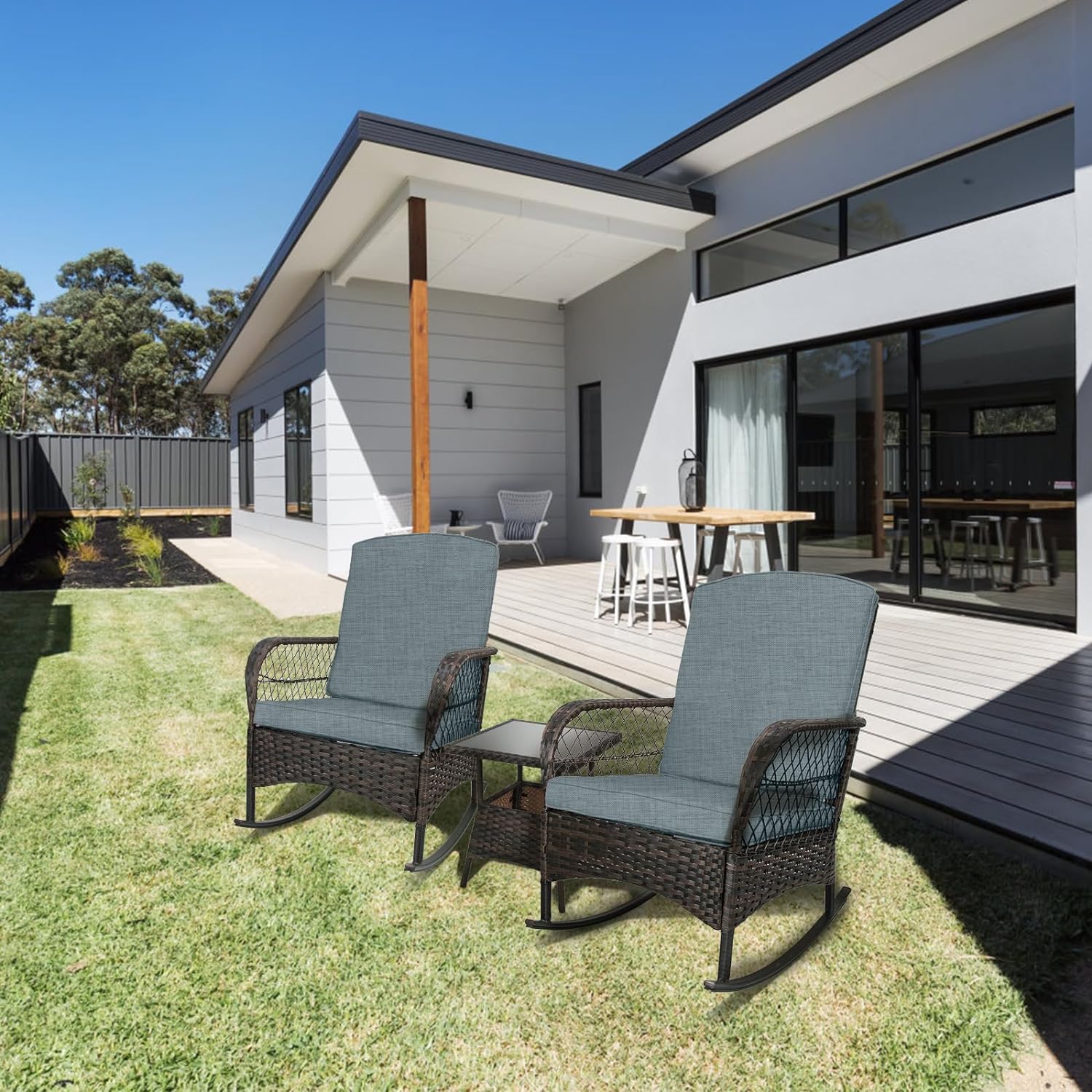 LEVELEVE Wicker Conversation Rocking Bistro Set - 3 Pieces