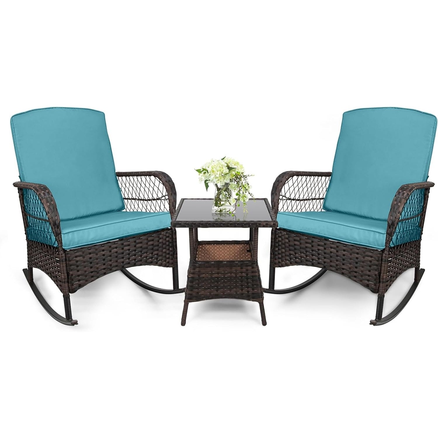 LEVELEVE Wicker Conversation Rocking Bistro Set - 3 Pieces