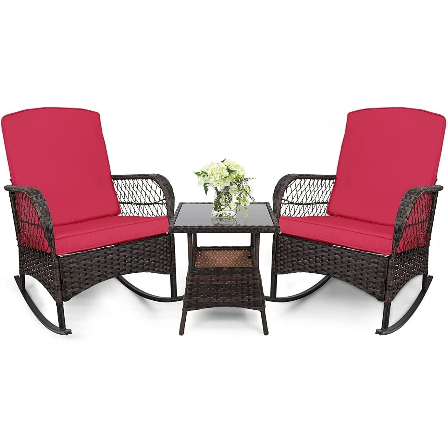 LEVELEVE Wicker Conversation Rocking Bistro Set - 3 Pieces