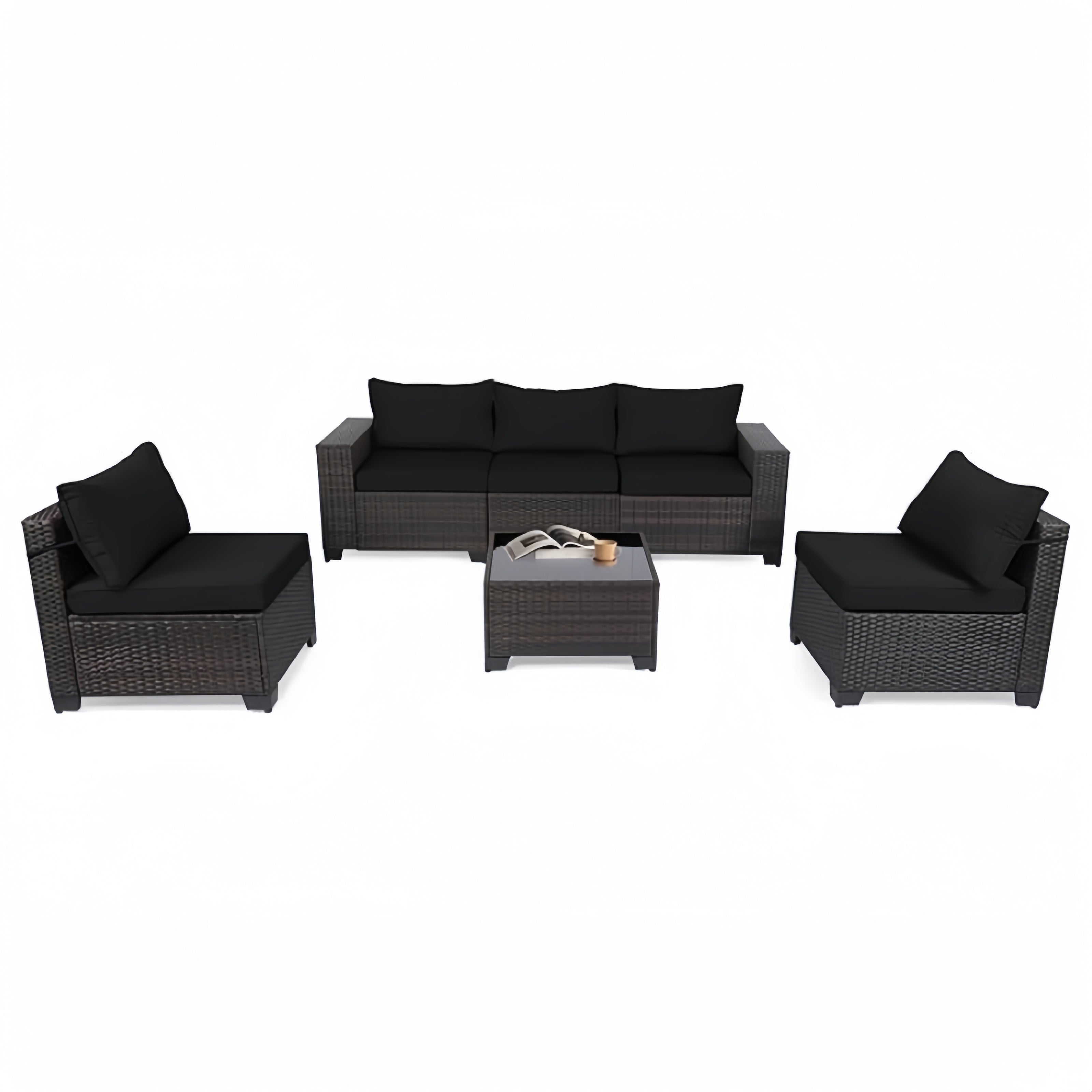 Outdoor Rattan Conversation Sectional Patio Furniture Set 6 Piece with Manual Wicker Weaving, Table & Wide Armrests