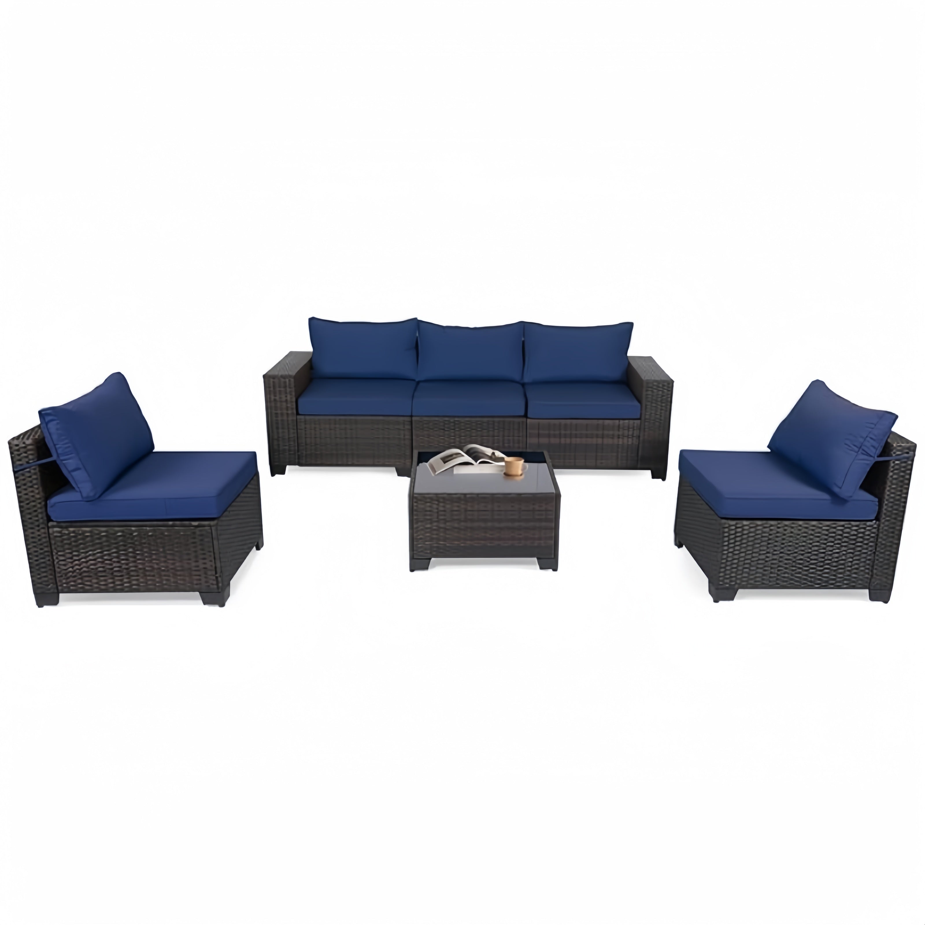 Outdoor Rattan Conversation Sectional Patio Furniture Set 6 Piece with Manual Wicker Weaving, Table & Wide Armrests