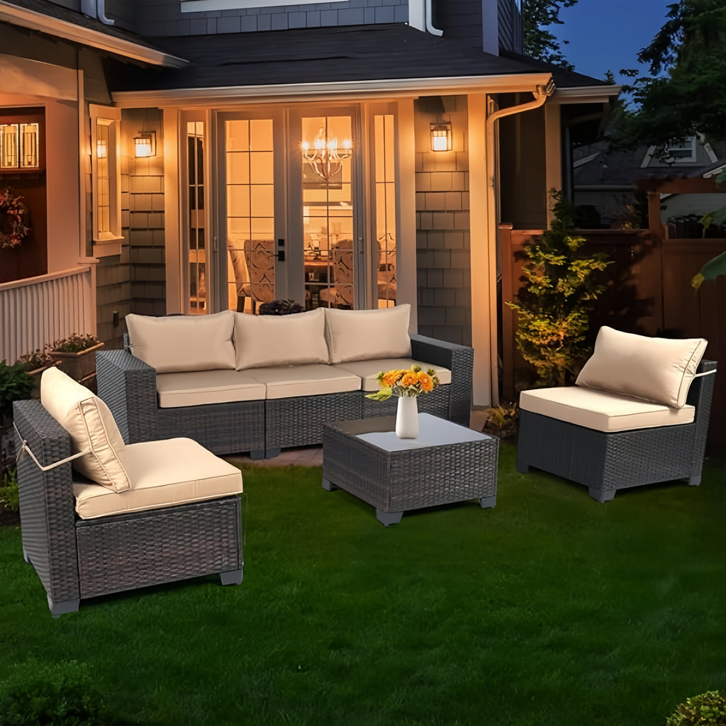 Outdoor Rattan Conversation Sectional Patio Furniture Set 6 Piece with Manual Wicker Weaving, Table & Wide Armrests