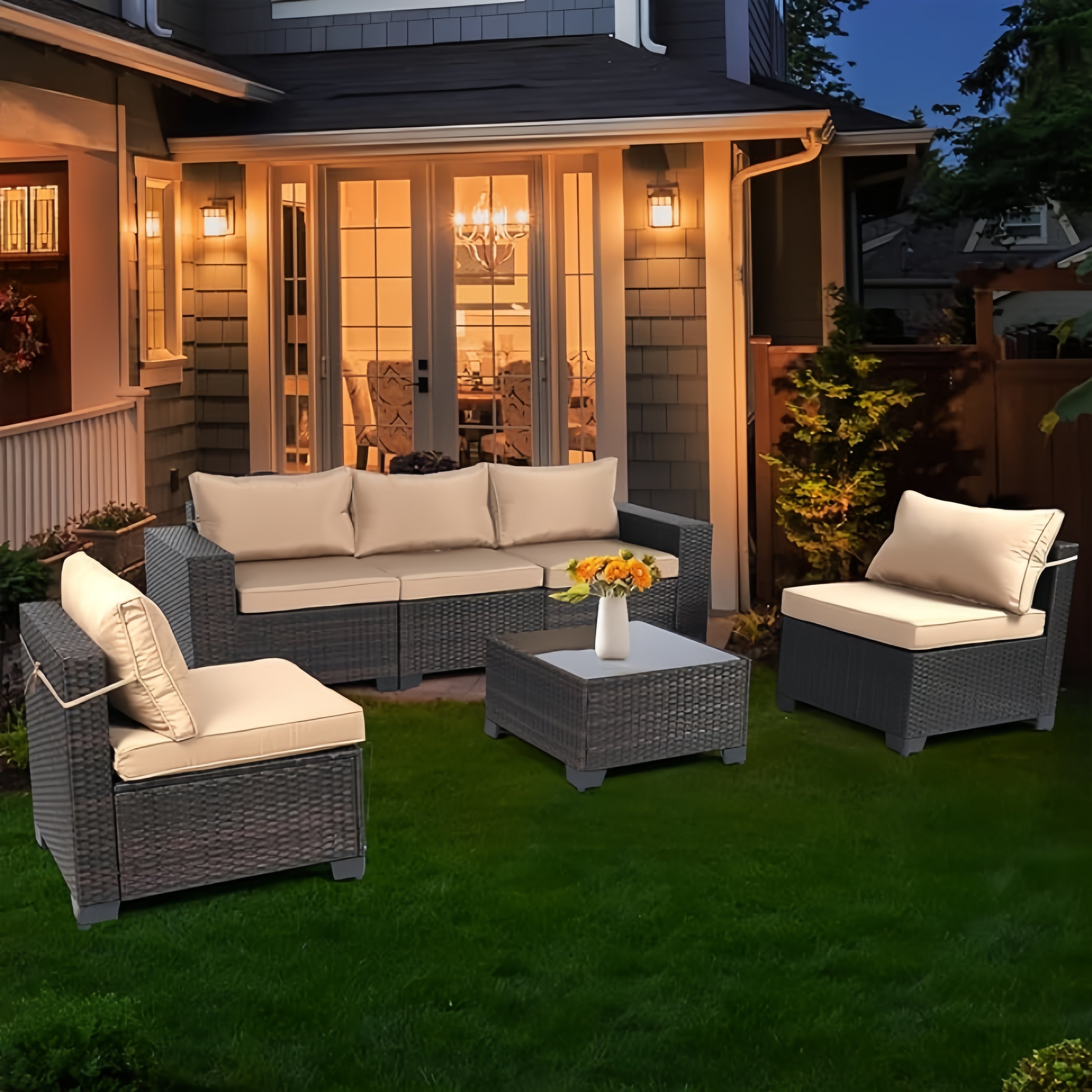 Outdoor Rattan Conversation Sectional Patio Furniture Set 6 Piece with Manual Wicker Weaving, Table & Wide Armrests