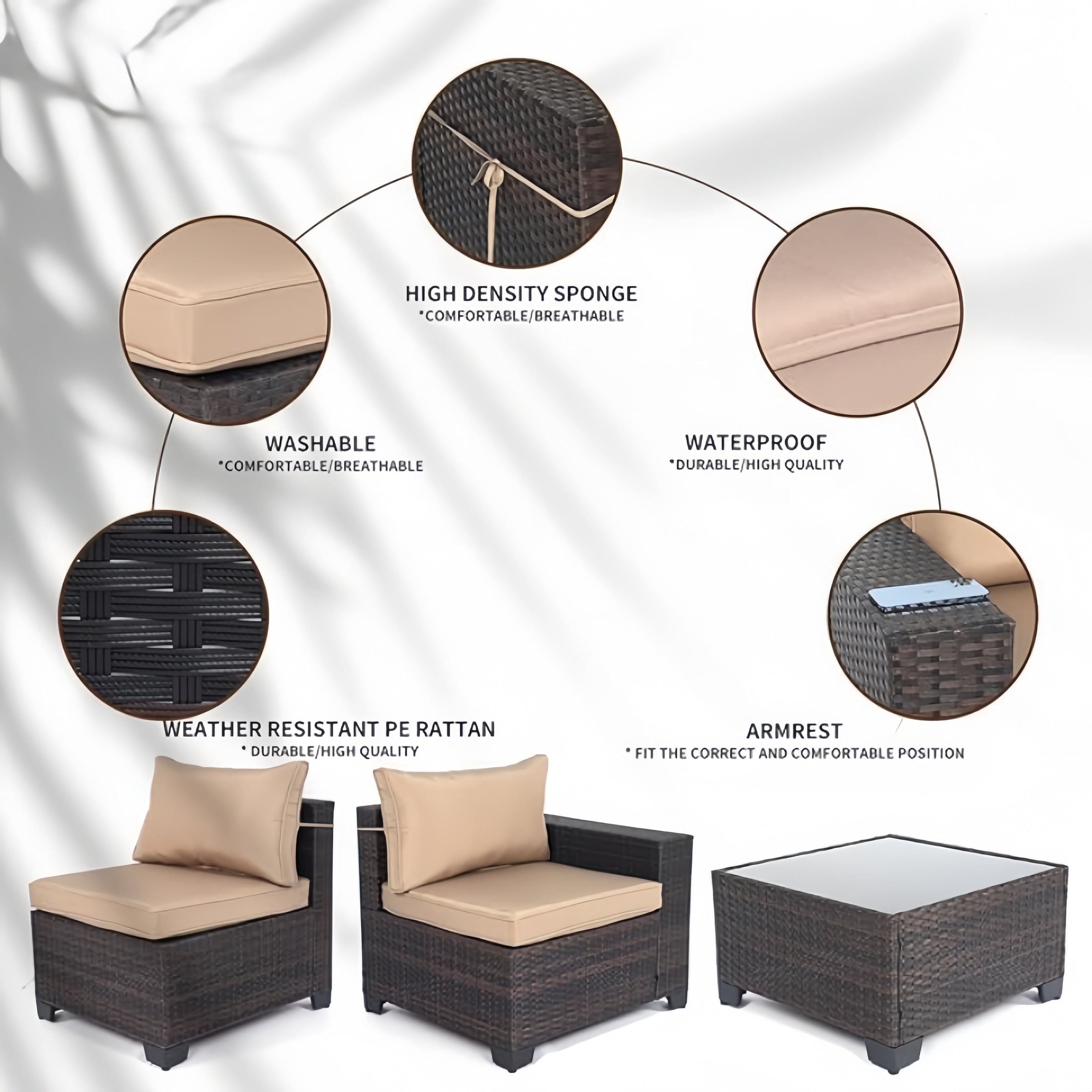 Outdoor Rattan Conversation Sectional Patio Furniture Set 6 Piece with Manual Wicker Weaving, Table & Wide Armrests