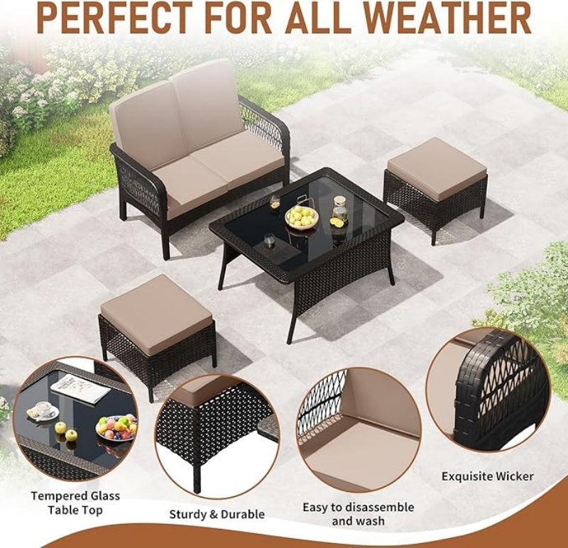 Outdoor Rattan Patio Furniture Set with Wicker Loveseat, Chairs, Table