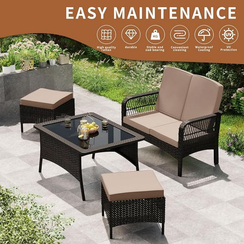 Outdoor Rattan Patio Furniture Set with Wicker Loveseat, Chairs, Table