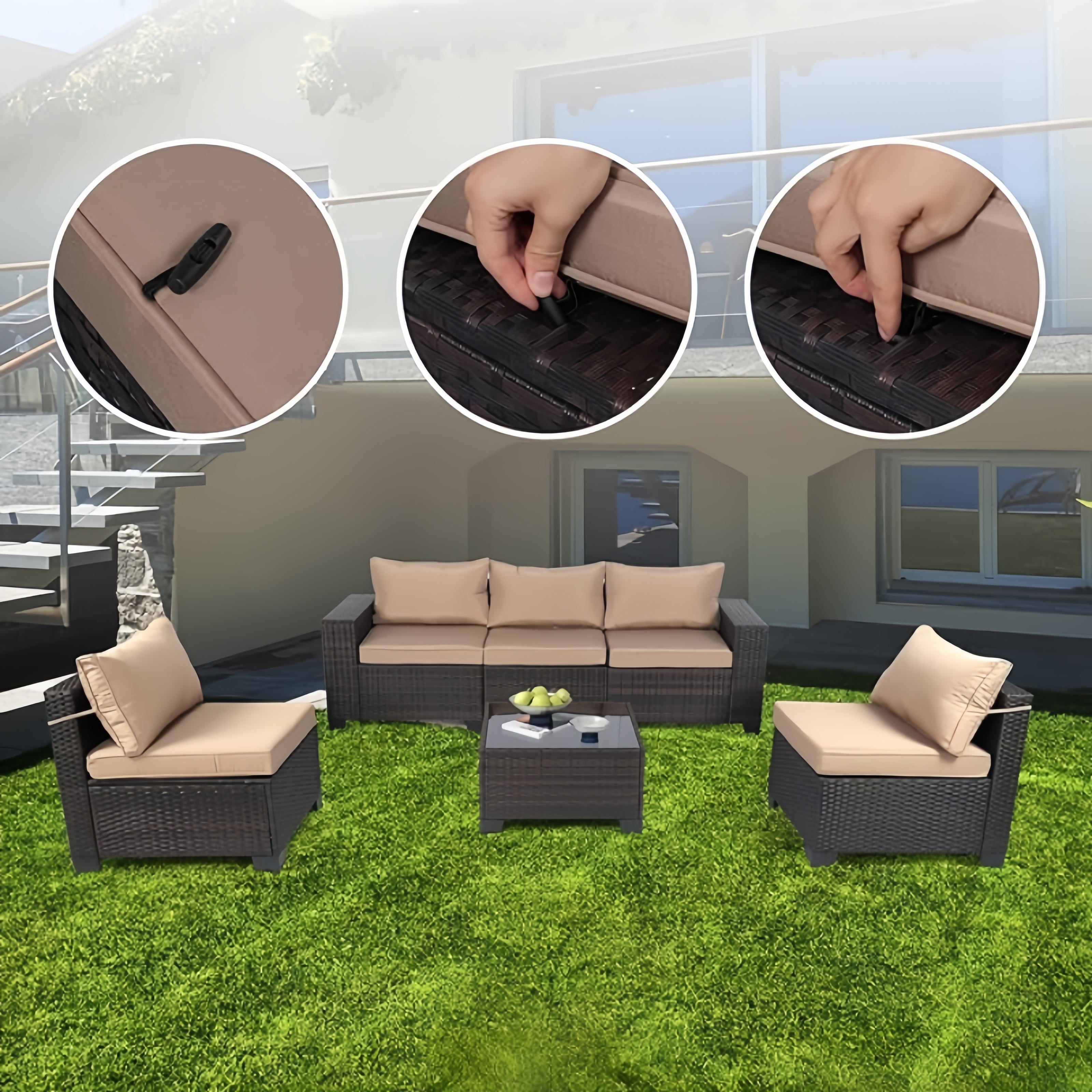 Outdoor Rattan Conversation Sectional Patio Furniture Set 6 Piece with Manual Wicker Weaving, Table & Wide Armrests