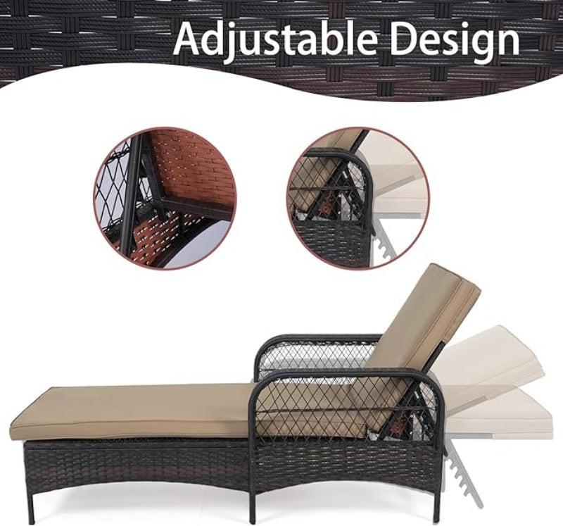 Rattan Outdoor Patio Lounge Chair with 6 Adjustable Positions, Armrests, and Padded Cushions