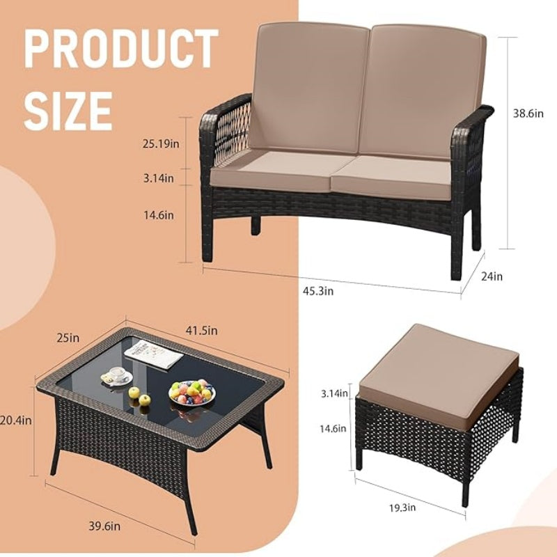 Outdoor Rattan Patio Furniture Set with Wicker Loveseat, Chairs, Table